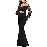 CYCLAMEN Off-Shoulder Maternity Evening Gown 3D Floral Mesh Sleeves Formal Mermaid Maxi Dress for Baby Shower Photoshoot