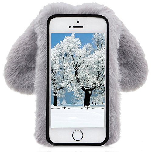 Grey Soft Case for iPhone 6S Plus,Diamond Crystal Furry Cover for iPhone 6 Plus,Herzzer Luxury Cartoon Rabbit Ear Design Fluffy Hairy Silicone Rubber Protective Case - Thumbnail 3