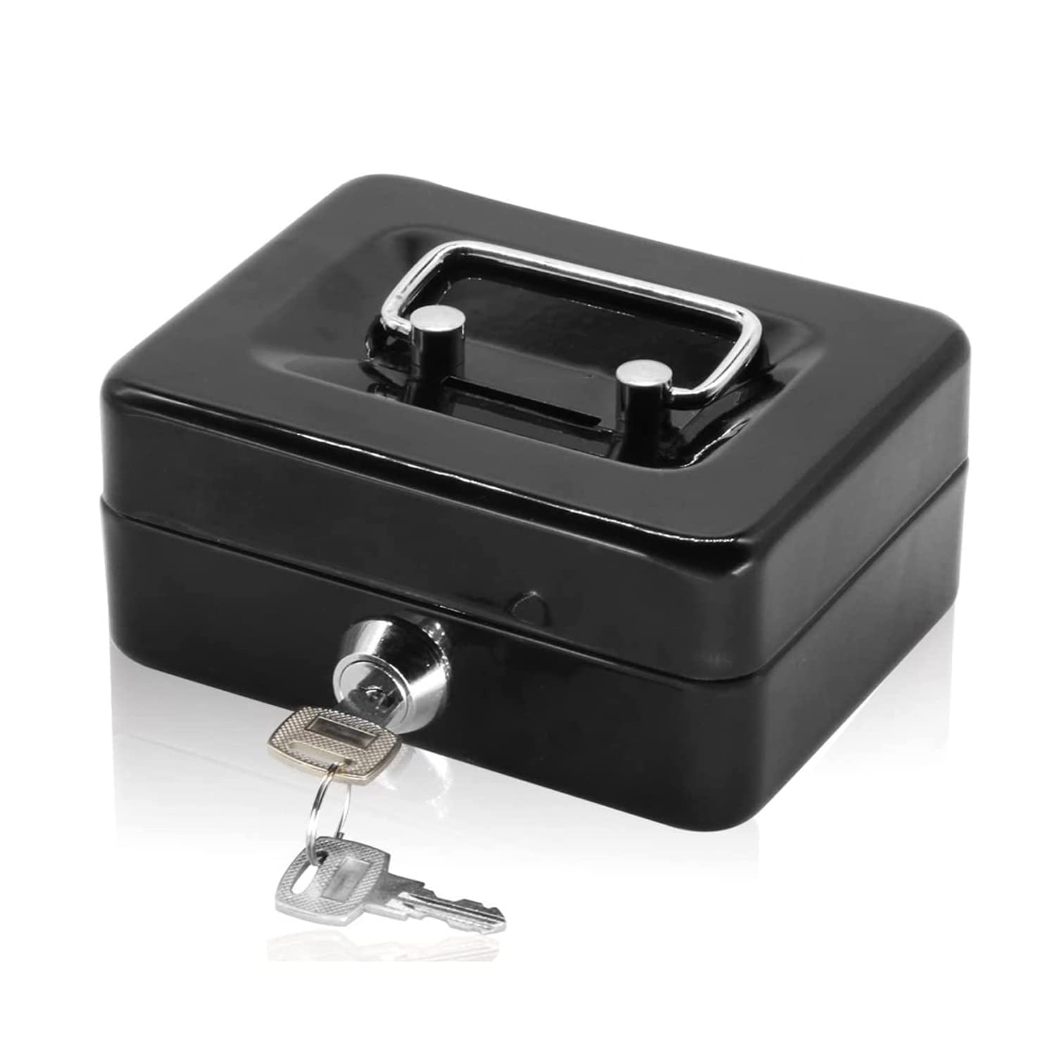 Small Cash Box with Key Lock, Portable Metal Money Box with Double Layer & 2 Keys for Security 12.5 * 10 * 5.6cm (S, Black)