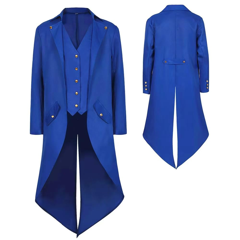 YQVGFBY Men's Gothic Steampunk Tailcoat Men,Medieval Victorian Vintage Jacket Uniform Long Tuxedo,Renaissance Pirate Vampire Party Cosplay Costumes for Adults Men (Blue, 5XL)