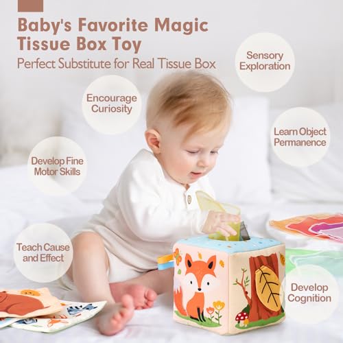 hahaland Montessori Baby Tissue Box 6-12 Months, Sensory Interactive Soft Toy Box Babies 3 6 8 12 Months, Original Gift for Newborn Babies