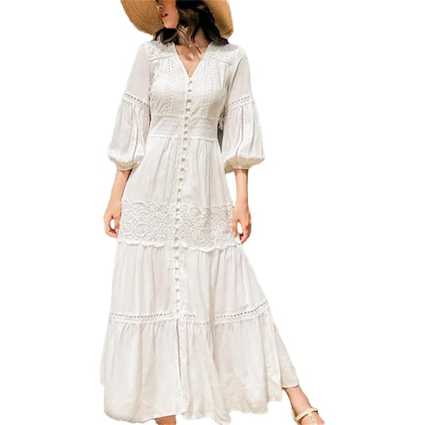 chinese dress ladies Victorian Corded Lace Deep V Button Maxi Dress