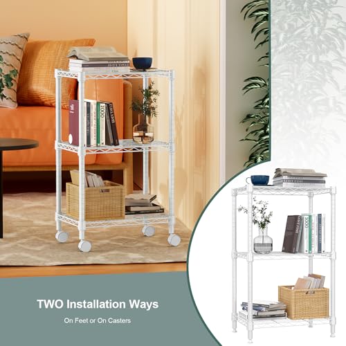 M MZG Metal Shelving Unit with 3 Levels Lockable Wheels, Load Capacity 340 kg, Adjustable Shelves for Kitchen, Bathroom, Pantry and Office, Study, White, 30 x 45 x 75 cm
