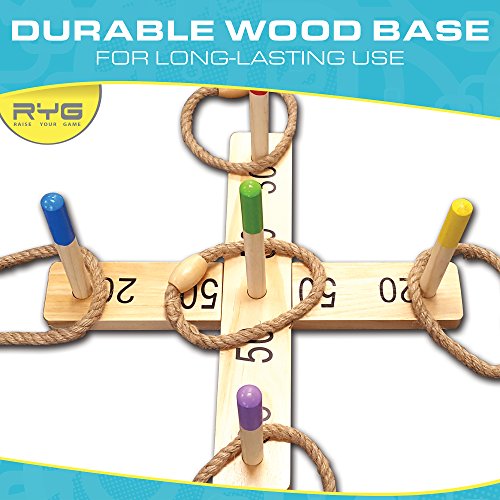 RYG Wooden Ring Toss Game Set, Durable Wood Base, 5 Wood Pegs, 5 Rope Rings, Portable Indoor And Outdoor Family Quoits Games, Suitable For Kids & Adults - Have Fun Now!