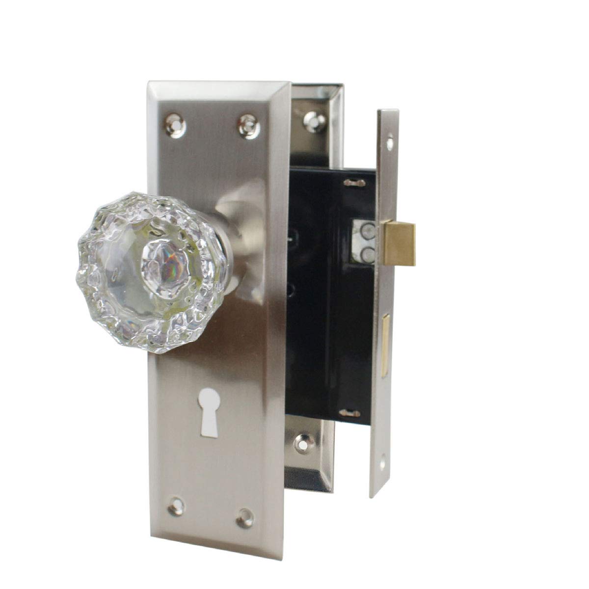 NUZAMAS Old Time Mortise Lock Glass Crystal Knob Set Skeleton, Zinc Alloy Plate, Door Knobs Look with Keys, Indoor Outdoor Double Open, Bed Room Locks, Classic Style