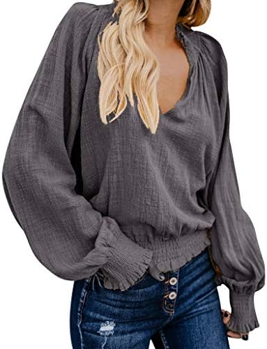 Women Blouse Top Sunday77 V-Neck Solid Linen Short Puff Sleeve Ruched Loose Long Sleeve Casual Shirt Pullover