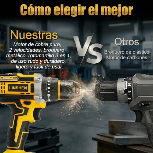 LINSEN Taladro Inalámbrico 21V con 2 Baterías, 0-1500 RPM Velocidad Variable, 18+1 Ajustes de Torque, Kit de Taladro Profesional con Extensión Flexible para Perforar y Atornillar