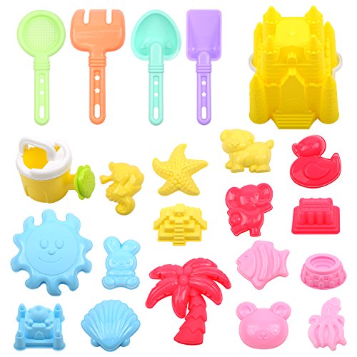 FUNNISM 22 Pieces Beach Sand Toy Set Sandbox Toys Including Castle, Coco,Animals Elephant/Duck/Bear/Rabbit/Fish/Seahorse/Octopus, Sun, Models Molds, Bucket, Shovels Rakes - Thumbnail 7