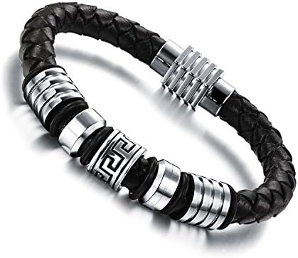 Men Bracelet with Black Genuine Leather Titanium Steel, Magnetic Clasp, Classic Style for boys with iBegem gift box for Christmas or Birthday Boys