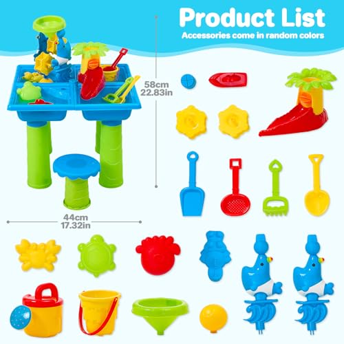 Warmiehomy Sand and Water Table for Toddlers 3-5, Kids Outdoor Play Table with Stool, 4 in 1 Activity Sensory Tables, Accessories Summer Backyard Outdoor Beach Toy for Boys Girls Age 3 4 5