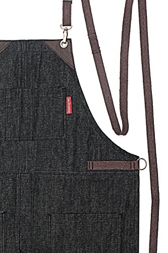 Cross-Back Apron - Ash Black Denim - Split-Leg - Brown Leather