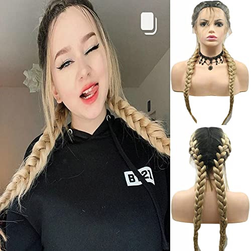 Double Braid Wig with Baby Hair Dark Roots to Blonde Synthetic Lace Front Wigs for Women All Middle Part 2x Twist Braided Wig โ image 1