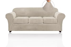 PrinceDeco Velvet Couch Covers for Sofa Soft 4 Pieces Couch Covers for 3 Cushion Couch Sofa Pet Friendly Furniture Protector with Non Slip Elastic Bottom Width Up to 90 Inch (Large, French Oak)