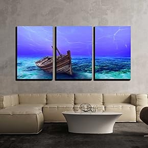 3 Piece Canvas Wall Art - Underwater Wreck Background in The Sea - Modern Home Art Stretched and Framed Ready to Hang - 16"x24"x3 Panels