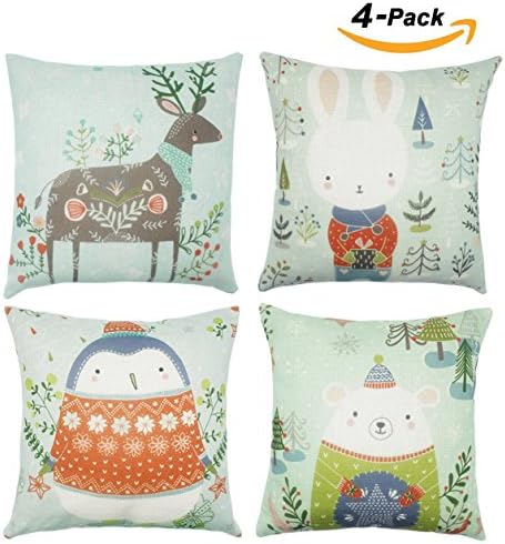 Sets of 4 Throw Pillow Case Covers Decorative with Zipper 18"x 18" Cute Animal's Christmas Cotton Linen Suquare Cushion Covers