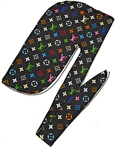 LV Durag Silk Designer Wave Cap Custom Durags with Breathable Premium Silky Fabric (Lv Black)