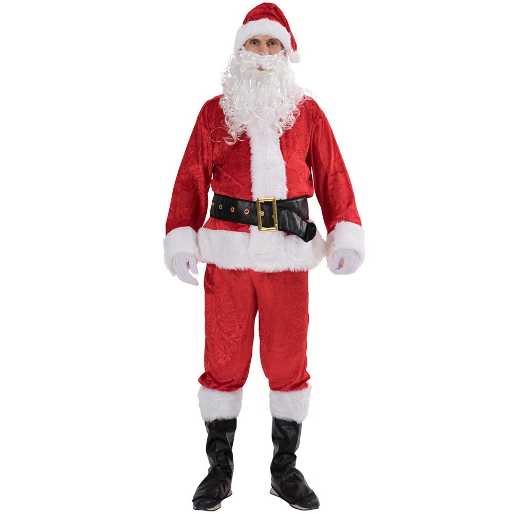 EraSpooky Men Christmas Santa Costumes Adult Xmas Claus 7pcs Flannel Classic Suit Fancy Dress Outfit Plus