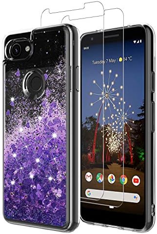 MASCHERI Case For Google Pixel 3A XL With Google Pixel 3A XL Screen Protector Tempered Glass, Personalised Shiny Bling Quicksand Silicone Shockproof Protective Cover - Purple