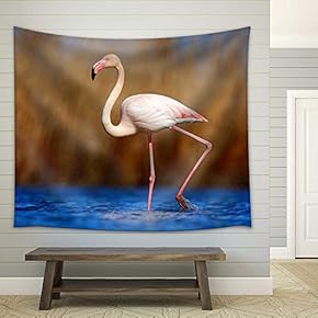 Greater Flamingo, Phoenicopterus Ruber, Pink Big Beautiful Bird in Dark Blue Water - Fabric Wall Tapestry Home Decor - 51x60 inches