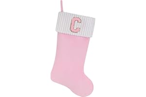 Shgngle 20 Inches Letter Embroidered Christmas Stocking,Personalized Pink Velvet Christmas Stocking,Family Holiday Decorations and Xmas Gift(C)