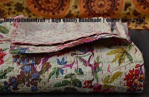 ImperialIndianCraft 100% Handmade Indian Kantha Quilt Blanket Comforter - Mixed Color Flowers Bird Of Paradise Print Quilt, Ethnic Bohemian, Mediterranean Bedding | PREMIUM QUALITY | KING SIZE