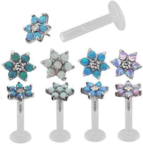 16 Gauge 5/16 Opal Flower Acrylic pin Internal Threaded Labret Cartilage Earrings (Blue Opal)