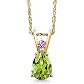 Gem Stone King 14K Yellow Gold Green Peridot and Pink Lab Grown Diamond Pendant Necklace for Women | 0.70 Cttw | Gemstone August Birthstone | Pear Shape 7X5MM | With 18 Inch Chain