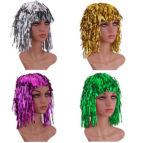 Sumind 4 Pieces Foil Tinsel Wigs Fancy Dress Shiny Party Wig Metallic Costume Cosplay Supplies (Gold - //coolthings.us