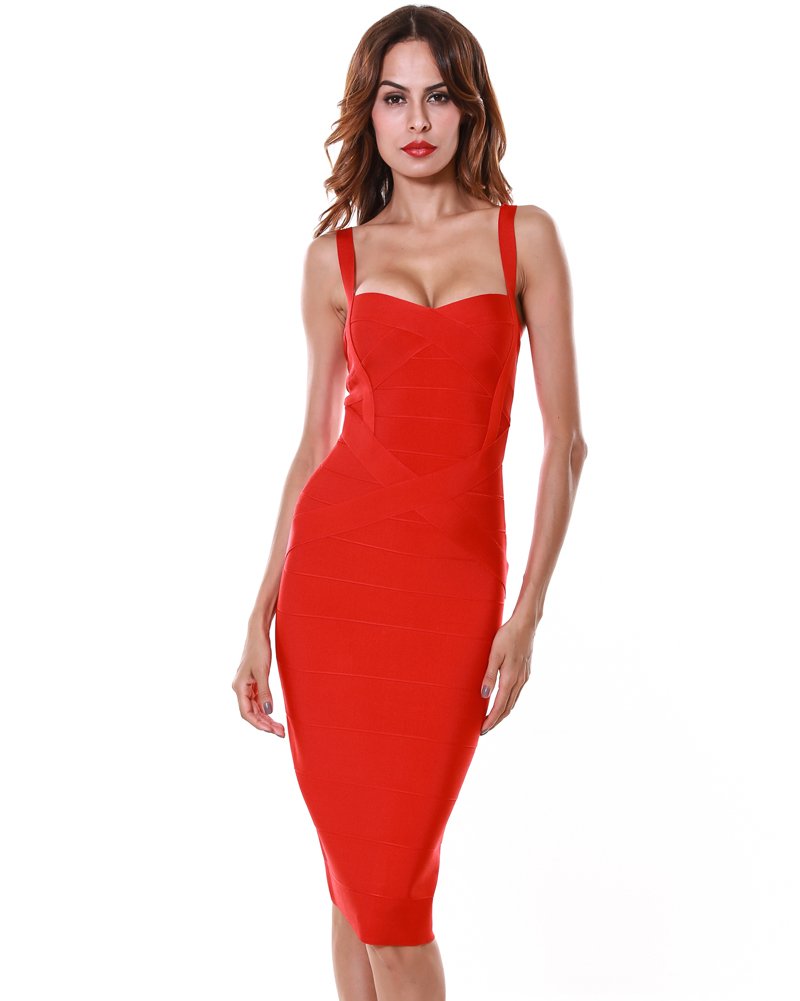UONBOX Women's Spaghetti Strap Bandage Dress - Midi Length, Stretchy Polyester-Spandex For Parties & Evening Wear