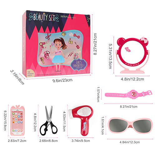 Cocojeci Girls Pretend Play Makeup Kit, Beauty Makeup Set for Kids Play Dress Up Cosmetic Toys with Makeup Brush, Hair Dryer, Mirror, Phone, Watch, Sunglasses, Ring, Scissor, 12PCS