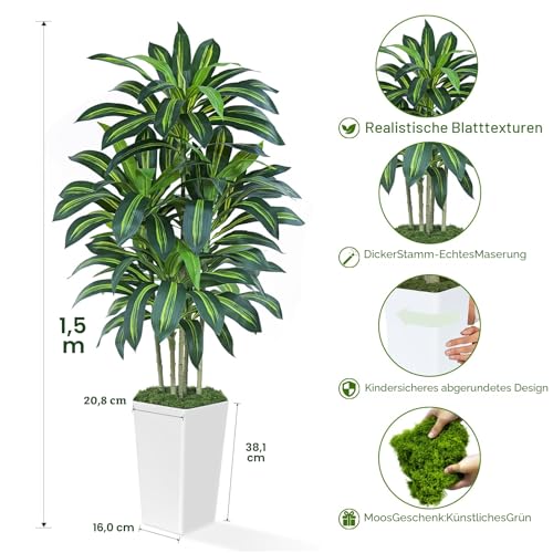 Keeplush Dracaena Artificial Plant 150 cm with White Planter, Artificial Palm Tree Large Like Real with 105 Leaves, Artificial Tree for Indoor Decoration, Living Room, Bedroom, Office, Garden, Home Decor