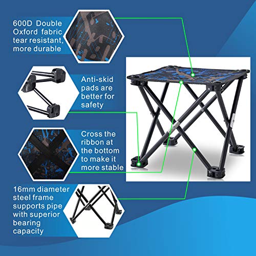 Folding Camping Stool, Mini Folding Stool Portable, Mini Portable Chair for Beach, Picnic Party, Camping, Barbecue, Fishing, Hiking, 600D Oxford Cloth with Portable Bag (Camouflage) (Blue Camo)