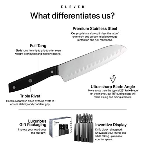 Elever Knife Set - Kitchen Knife Set with Block, 13 Kitchen Knives with Knife Sharpener, Chef Knife, Kitchen Scissors, Steak Knives. Modern Knives Kitchen Set, House Kitchen Decor, Cutlery Set Gift