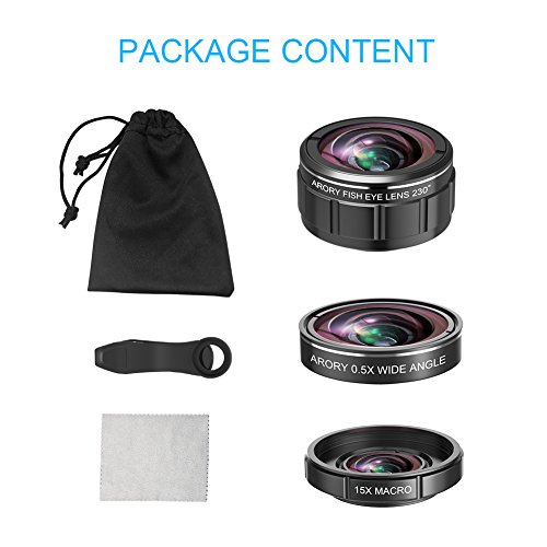 image for ARORY Phone Camera Lens, 230° Fisheye Lens + 15x Macro Lens + 0.6X Wi