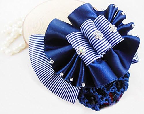 Navy Blue Stripe Fabric Satin Bow with Mini Crystal HM168