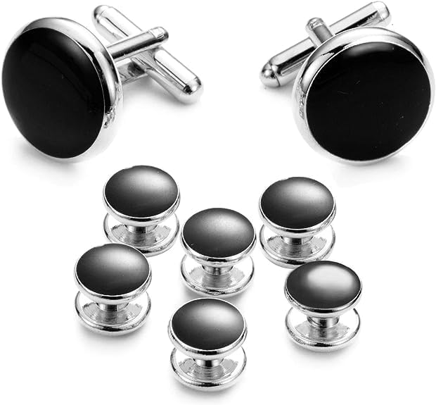 UJOY Cufflinks & Studs Set (1Pair Cufflinks & 3Pair Tuxedo Studs) Mens Jewelry Kit with Gift Box - Black & Silver, Valentines Gift for Him, Men in Black Accessories