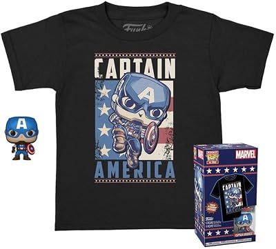 Pocket Pop! & Tee: Marvel - Captain America - pour Les Enfants - Small - (S) - T-Shirt - Vêtements avec Mini-Figurine en Vinyle à Collectionner - Idée de Cadeau pour Les Adultes