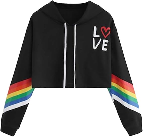 Women Hoodie Crop Tops Rainbow Long Sleeve Letter Print Pullover