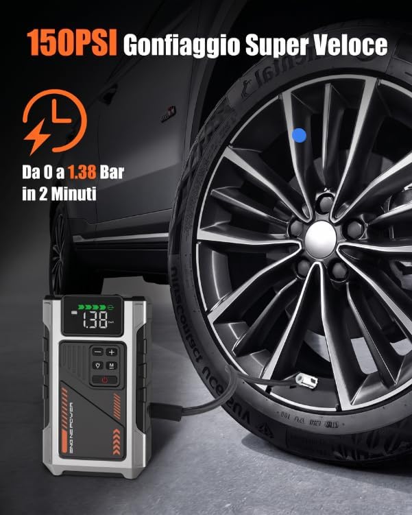 Booster Avviamento Auto con Compressore d'aria Avviatore Emergenza per Auto da 6000A (10L Benzina/8.5L di Gasolio) 12V con 3 Modalità Torcia Avviatore Batteria Portatile
