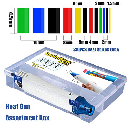 Craftsboys 530pcs 2:1 Heat Shrink Tubing + Min Hot Air Gun, Heat Gun, Electrical Wire Cable Wrap Assortment Electric Insulation Heat Shrink Tube Kit