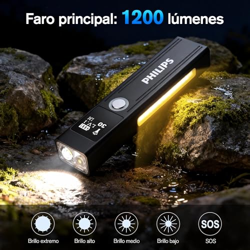 PHILIPS SFL6256 Linterna LED 1200LM Recargable Táctica con Imán | luz RGB, 9 Modos, Impermeable, Linterna LED Recargable y Portátil, Ideal para EDC, Camping y Emergencias.