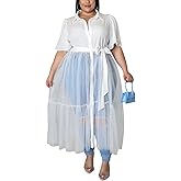 Sunlips Women's Sexy Plus Size Lapel Shirt Dresses Mesh See Through Puff Short Sleeve Flowy Swing Dress Clubwear