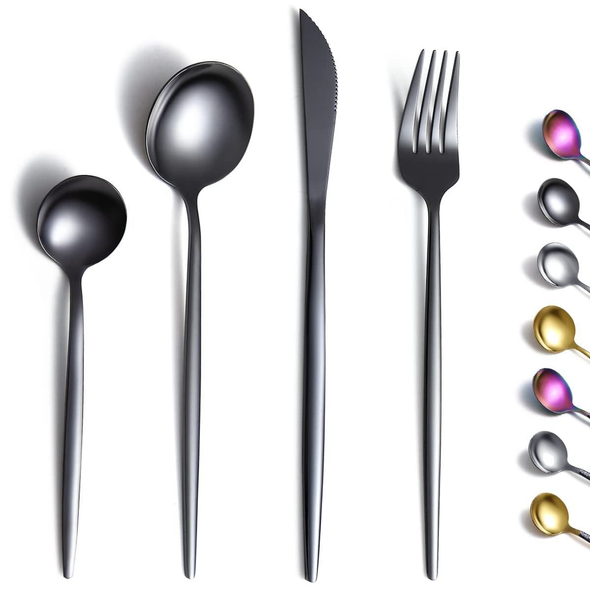 Kyraton Black Cutlery Set 24 Pieces, Stainless Steel Flatware Set, Titanium Plating Black Silverware Set Strong Anti Rust, Dishwasher Safe, Tableware Set Serving 6 People.