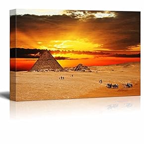Canvas Prints Wall Art - Camel Caravan Going Through Desert in Front of Pyramid at Sunset | Modern Wall Decor/Home Decoration Stretched Gallery Canvas Wrap Giclee Print & Ready to Hang - 12" x 18"