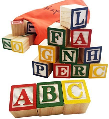 30 Alphabet Blocks with Letters Colors by Skoolzy. Wooden ABC Toddler, Preschool & Kindergarten Building Toy. Wood Reading Stacking with Carrying Tote by Skoolzy
