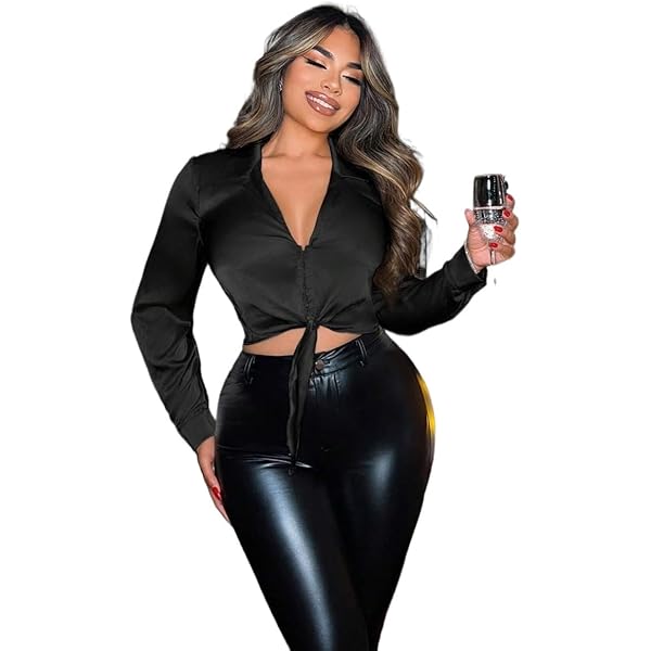 SOLY HUX Women's Satin Crop Blouse Collared V Neck Long Sleeve