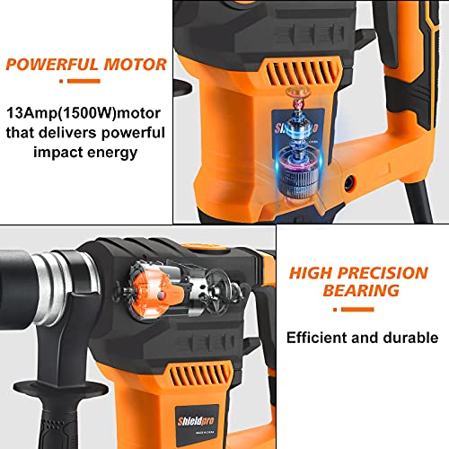 SHIELDPRO 11/4 Inch SDSPlus 13 Amp Rotary Hammer Drill Heavy Duty, Safety Clutch 3 Functions