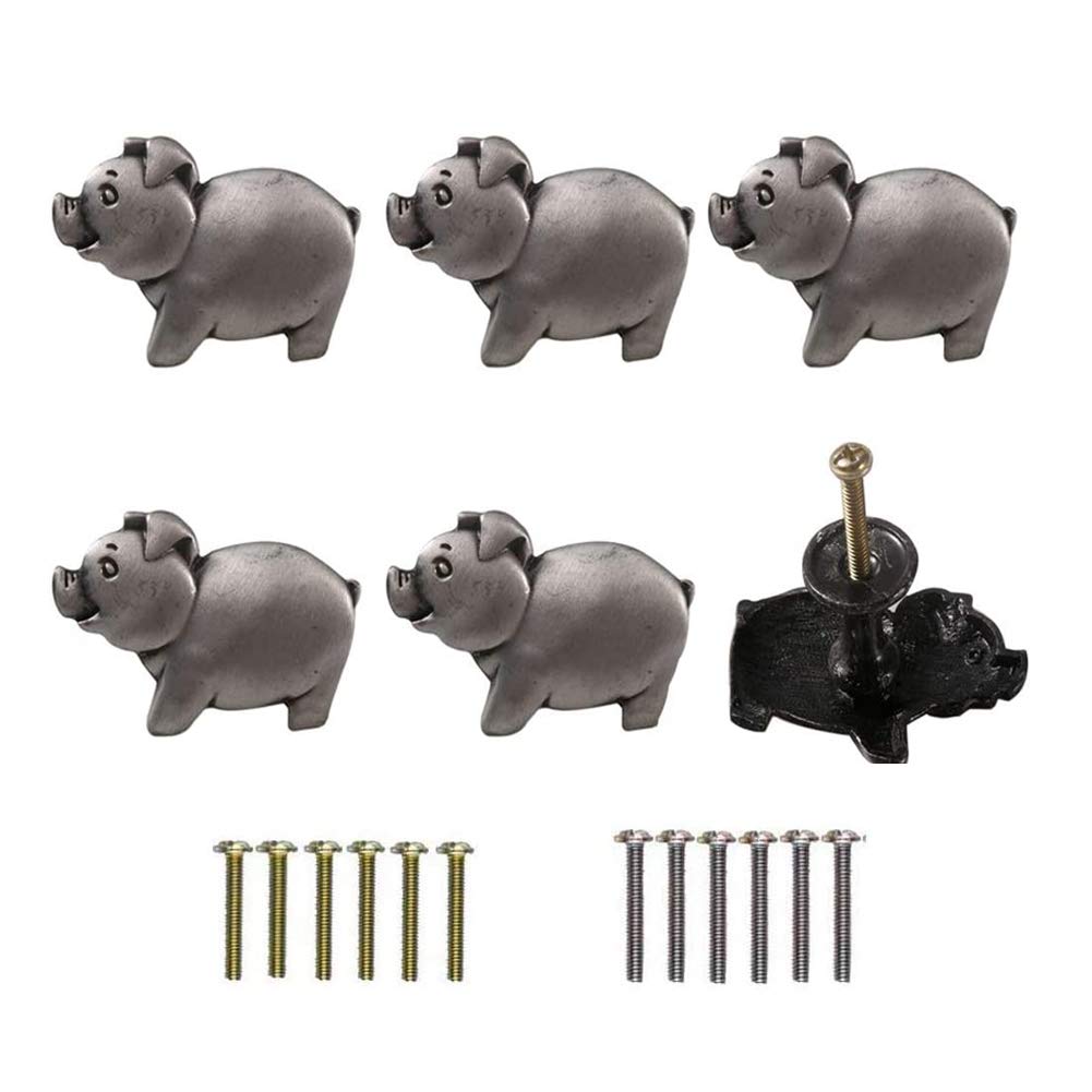 Kyien Pack of 6 Metal Cute Animal Pig Cabinet Knobs Closet Drawer Cupboard Dresser Door Single Hole Pull Handles (Antique Pewter)