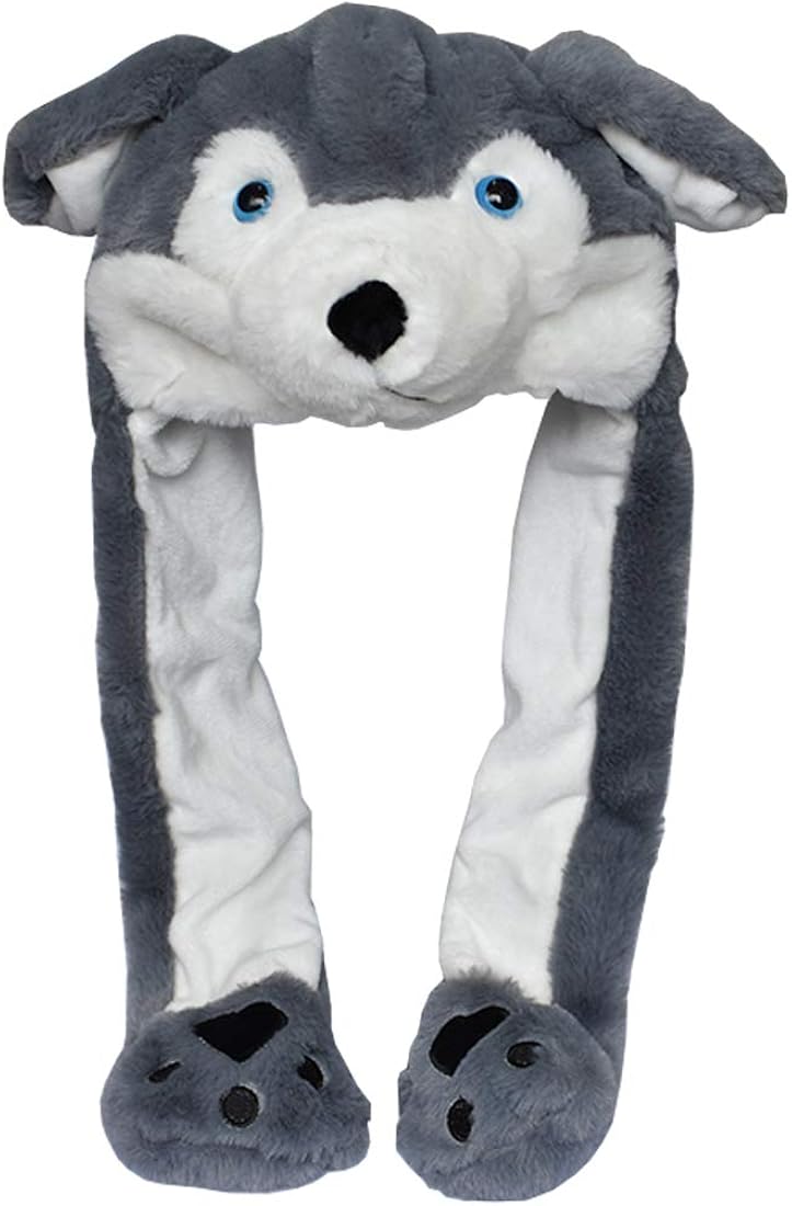 JOYHY Kids Adults Plush Ear Moving Ear Flap Hat With Paw Grey Wolf