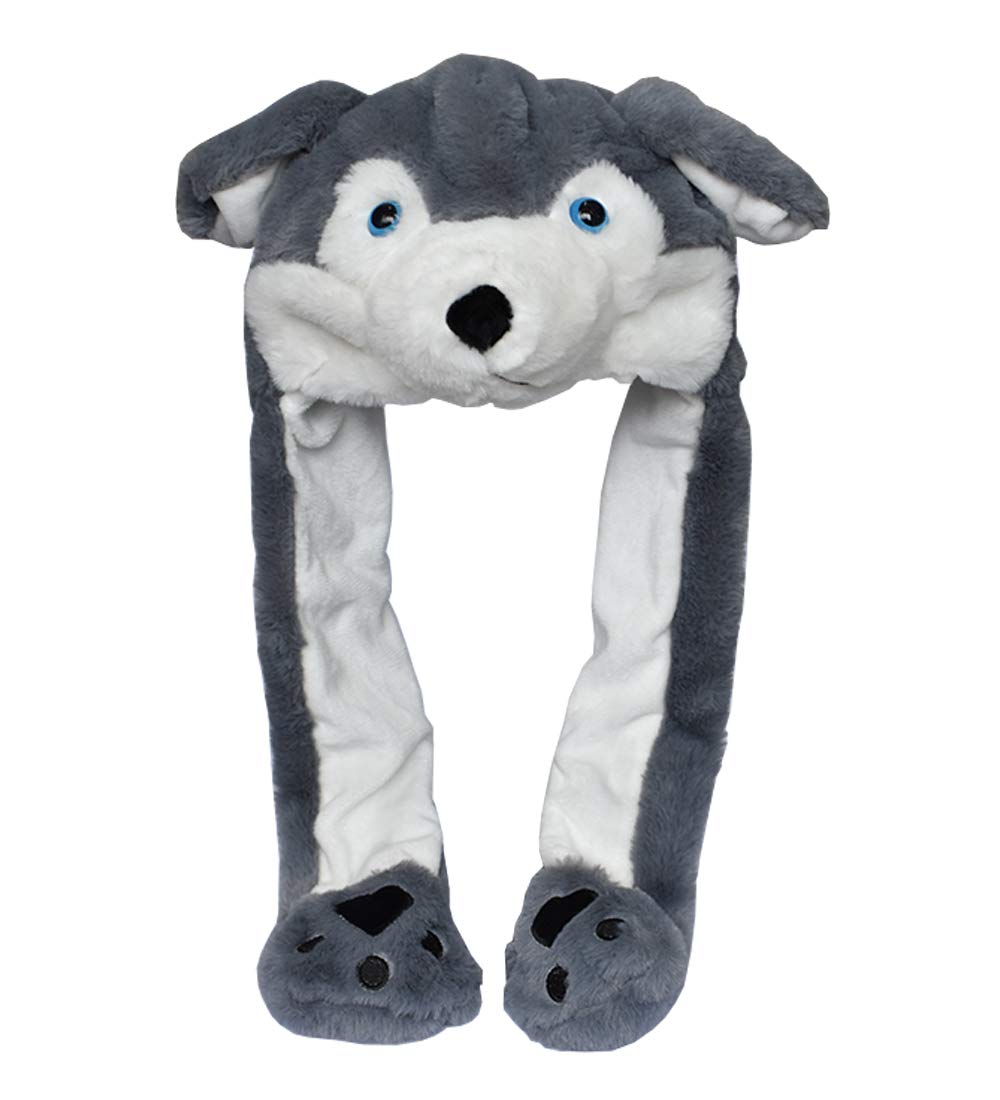 JOYHY Kids Adults Plush Ear Moving Ear Flap Hat With Paw Grey Wolf